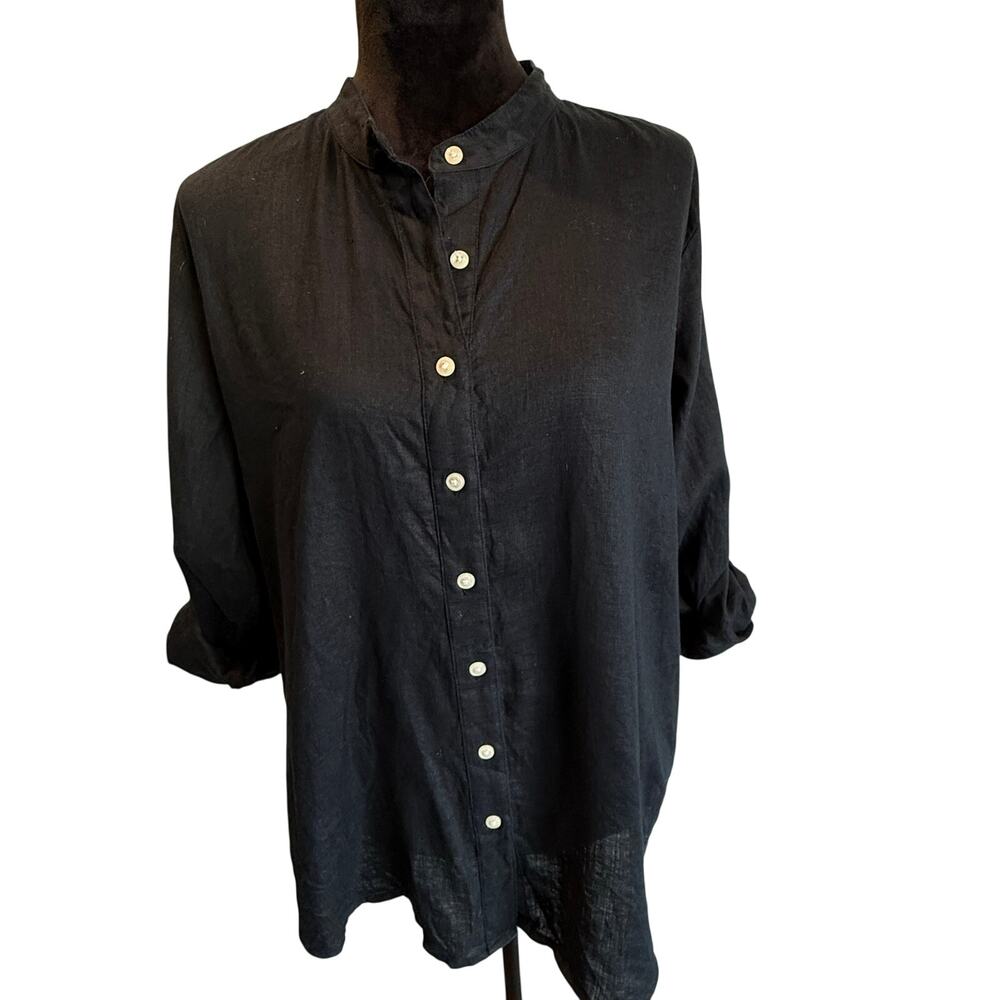 Ann Taylor Womens XL Black Linen Button Front Tunic Shirt Mandarin Collar